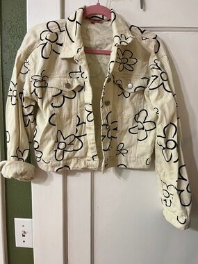 Cream Floral Print Light Denim Jacket